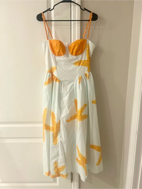 Women’s Starfish Print Sundress in Light/Pale Blue and Orange - Image 3