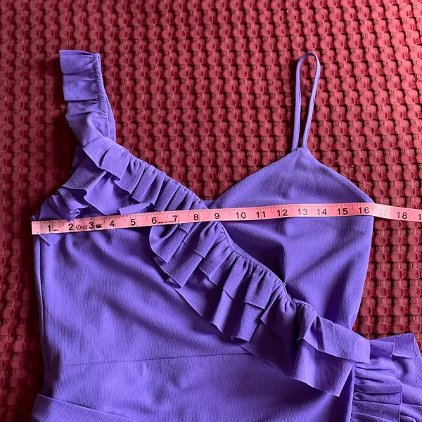 Handmade One-of-a-Kind Purple Chiffon Ruffle Wrap Mini Dress Vintage Fabric - Image 5