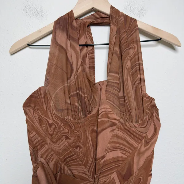 House of CB Women Clementine Mini Dress M Brown Swirl Cutout One-Shoulder Ruched - Image 5