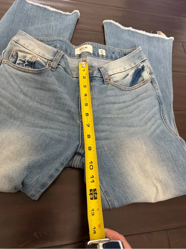 Miss Me Cropped Flare Diatressed Blue Jeans with Raw Hem 27 - Image 9