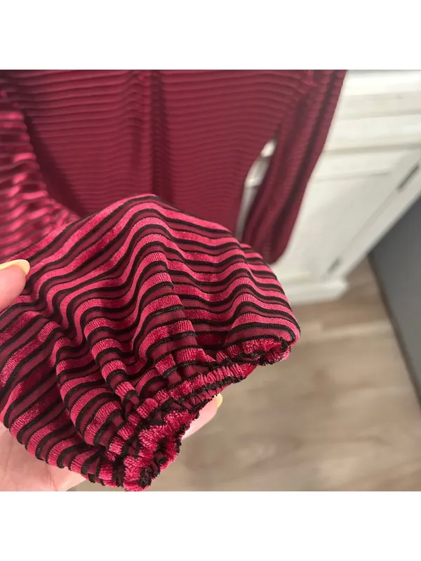 Lulus Velvet Stripe Mock Neck Mini Dress Women's S Burgundy Balloon Sleeves - Image 5