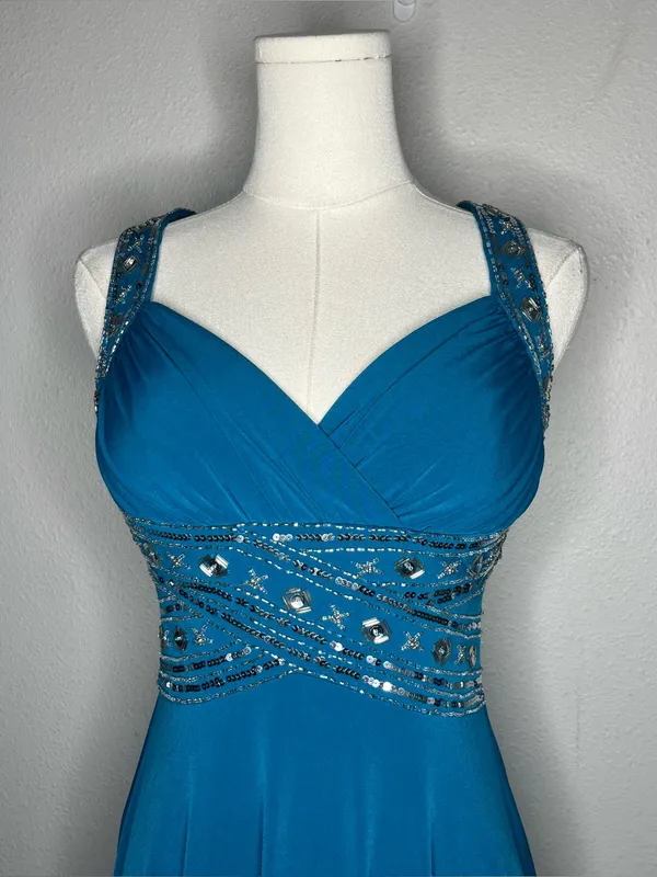 Vintage Blue Beaded Waist Criss Cross Back Mini Cocktail Dress Party Fairycore - Image 5