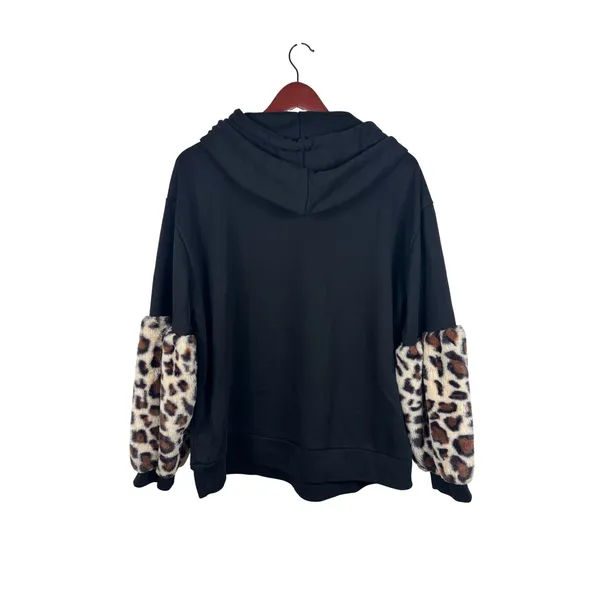 POL Hoodie Small Black Faux Fur Leopard Print Sleeve Pullover Sweatshirt Cheetah - Image 4