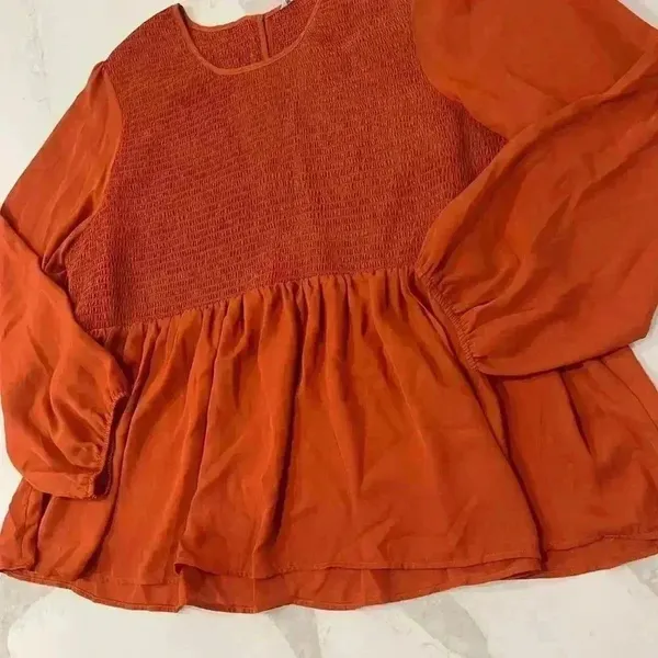 Cato Burnt Orange Smocked Peplum Blouse Women’s 22/24W Keyhole Back Scoop Neck - Image 2