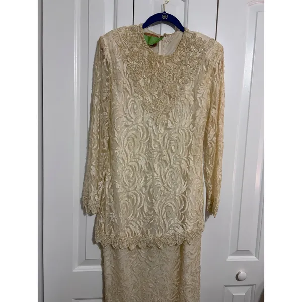 Vintage Maxi‎ Dress Lace Beaded Cream Elegant Evening Gown 80s 90s OS - Image 2