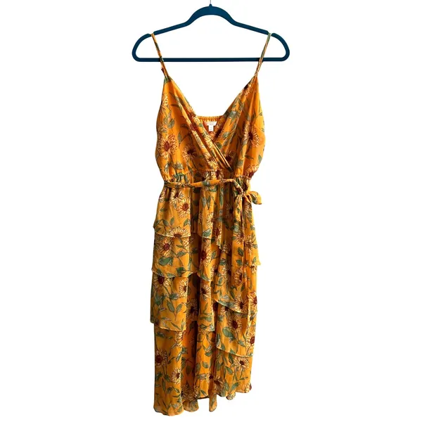LC Lauren Conrad Sunflower Midi Dress Womens Medium Yellow Boho Tiered Ruffle - Image 2
