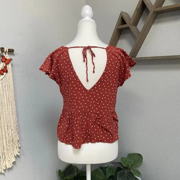 Abercrombie & Fitch Rustic Orange Polka Dot Peplum Blouse Open Back - Image 4