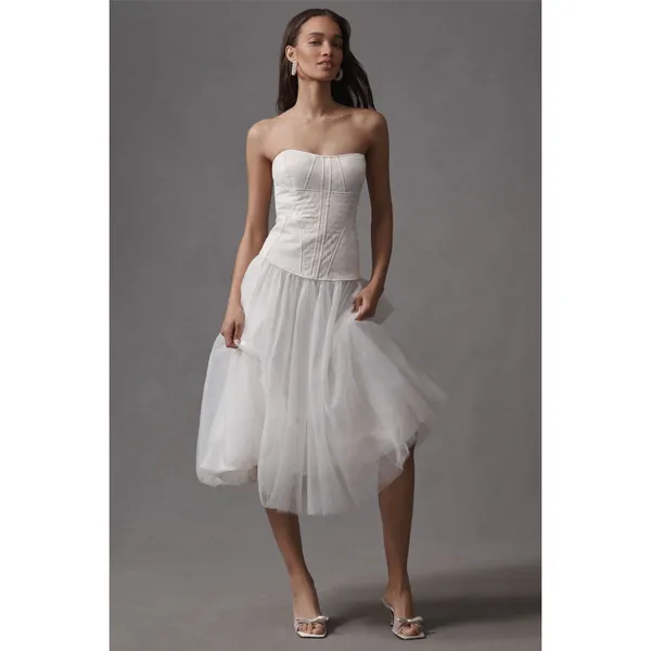 BHLDN Strapless‎ Satin Tulle Bridal Midi Dress NWT Large - Image 12