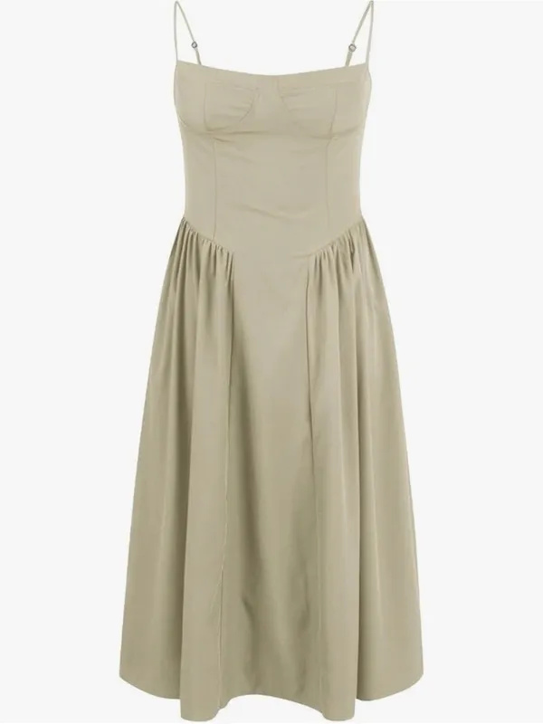 Source Unknown Beige Taupe Spaghetti Strap Sweetheart Bodice Drop Waist Midi Dress - Image 10