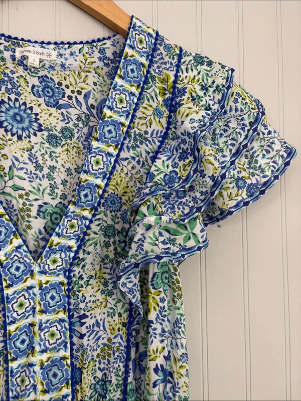 Poupette St Barth Short Sleeve Tiered Mini Dress Women Size Small Blue Green - Image 2