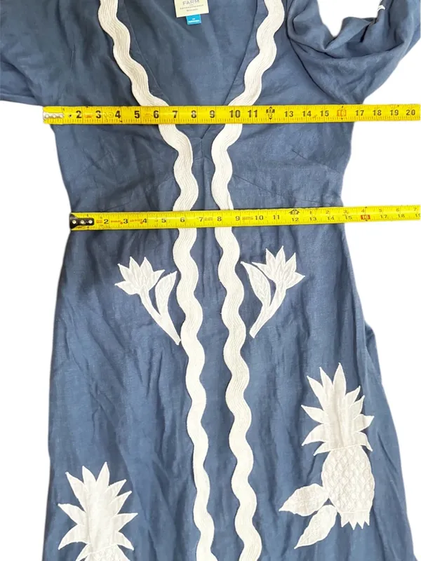 Farm Rio Navy Blue White Floral Embroidery long sleeves Maxi Dress S XS - Image 13