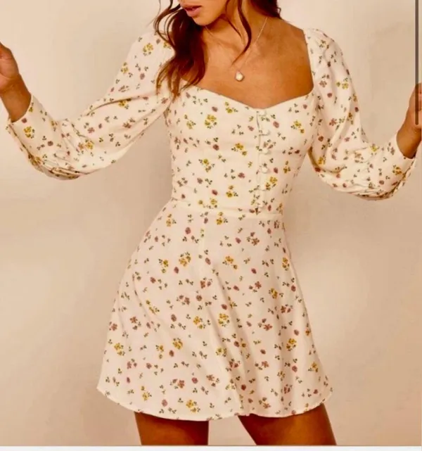 Reformation Cream Floral Long Sleeve Dress - Image 3