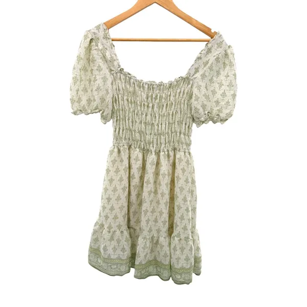 MINE Smocked Puff Sleeve Mini Dress Green‎ White Floral M Milkmaid Cottage Girly - Image 6