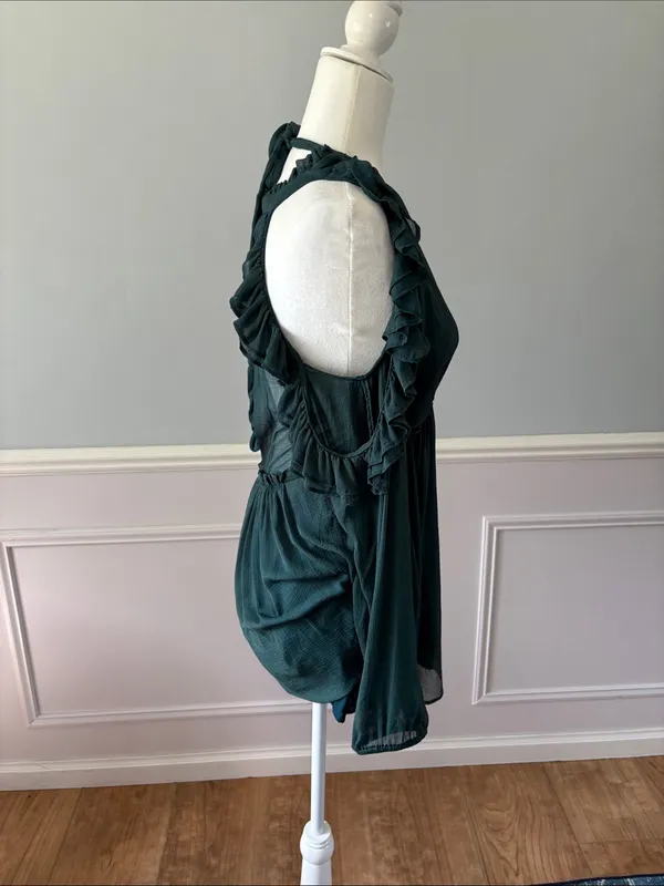 Free People Whimsy Fairycore Teal Green Ruffle Cold Shoulder Mini Dress | Sz 2 - Image 8