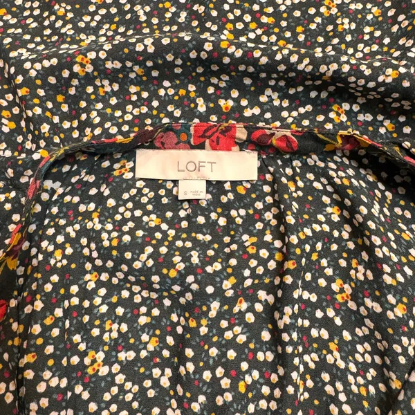 LOFT Ann Taylor Floral Print Ruffle Blouse Long Sleeve Casual Top Black Small‎ S - Image 5