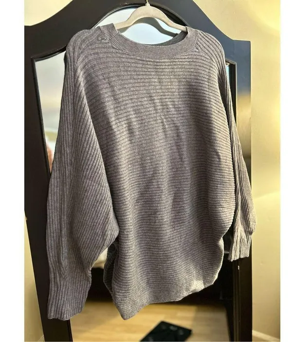 NEW Oversized Sweater Batwing Ribbed Knit Dolman Pullover S Gray - Image 2