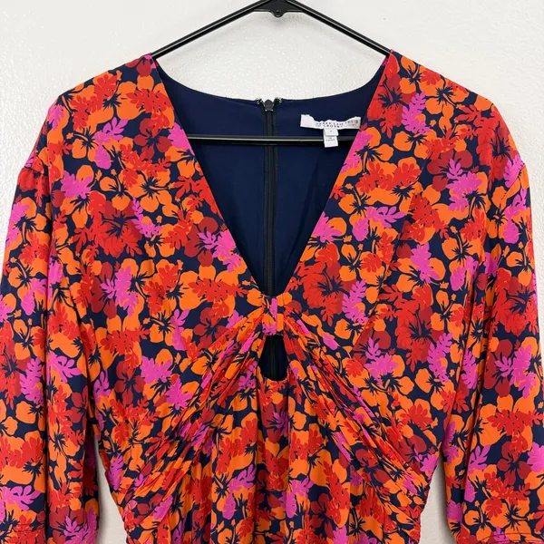Derek Lam 10 Crosby Dress Womens 6 Orange Pink Floral Ruched Tiered Mini V-Neck - Image 2