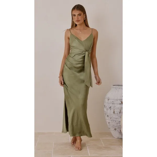 Billy J‎ Yasmeen Tie Front Maxi Dress Size 12 Olive Green - Image 9