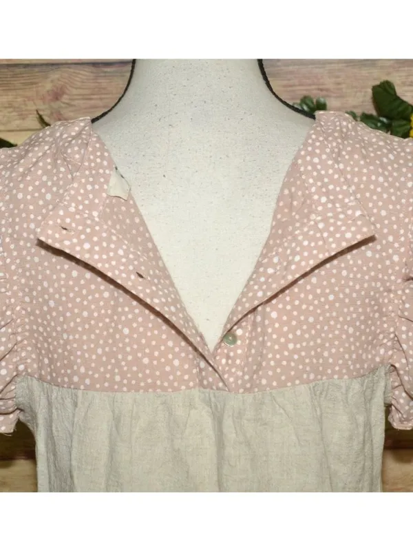 Entro Beige Pink Cap Sleeve Tiered Top Size S Striped Polka Dots Shabby Chic - Image 9