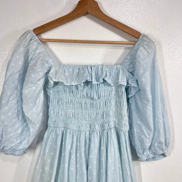 R.Vivimos Swiss Dot Smocked Maxi Dress Size Medium M‎ Light Blue Off Shoulder - Image 6