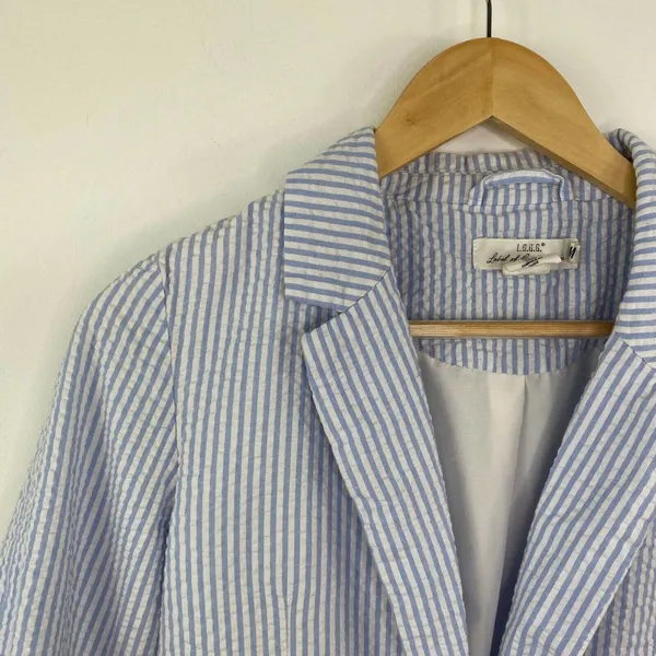 LOGG Womens‎ Blue Striped Seersucker Blazer Jacket Suit Size 2 Career Office - Image 4