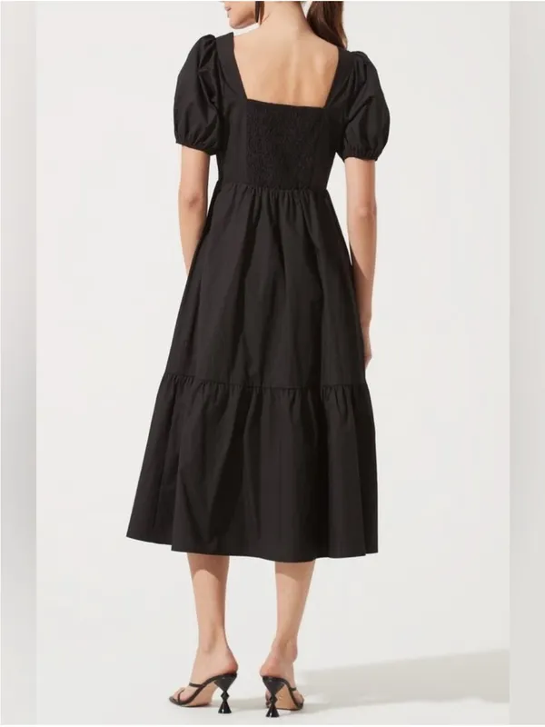Women’s ASTR the Label Poplin Puff Sleeve Tiered Midi Dress Black Size M - Image 2