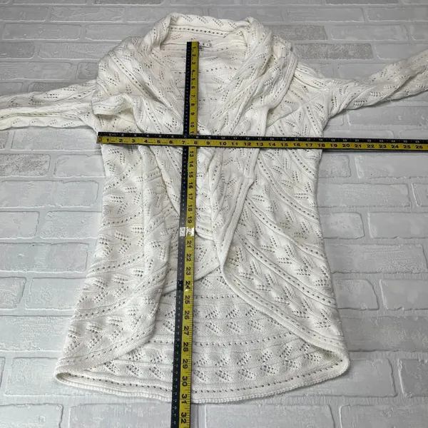 CAbi Cardigan Sweater Large Ivory Cotton Open Knit Crochet Draped Preppy Boho L‎ - Image 2