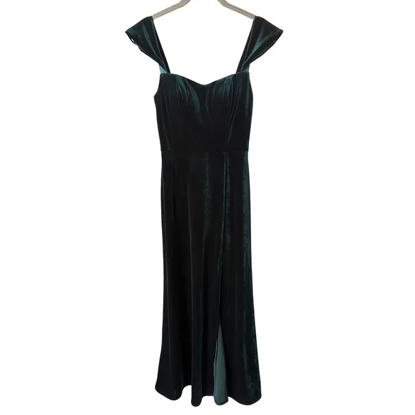 Jenny Yoo Collection Issa Velvet Off‎ the Shoulder Gown Emerald Green Size 0 - Image 4