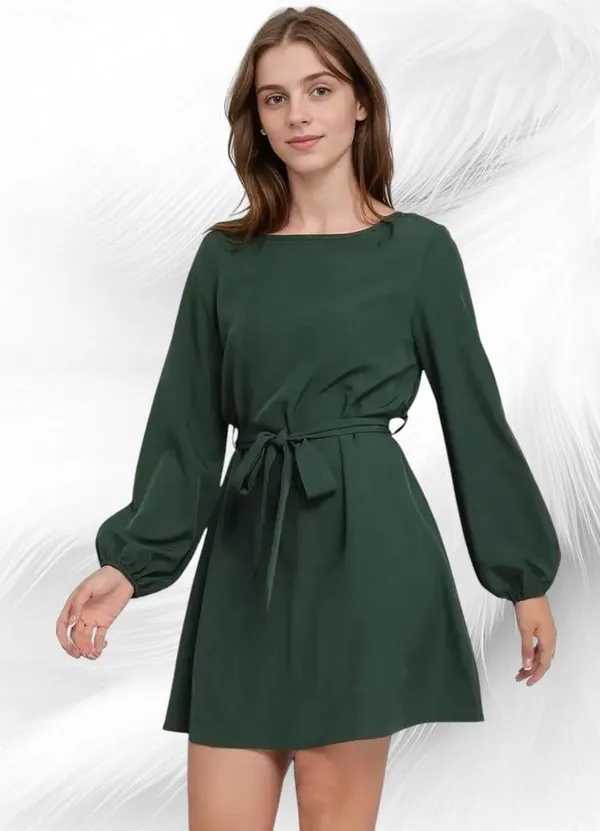 Women's Solid Round Neck Puff A-line Dress - Image 4