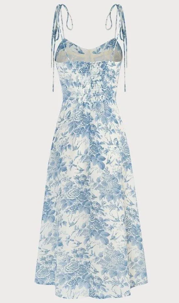 RIHOAS The Blue Sweetheart Neck Shirred Midi Dress M - Image 7