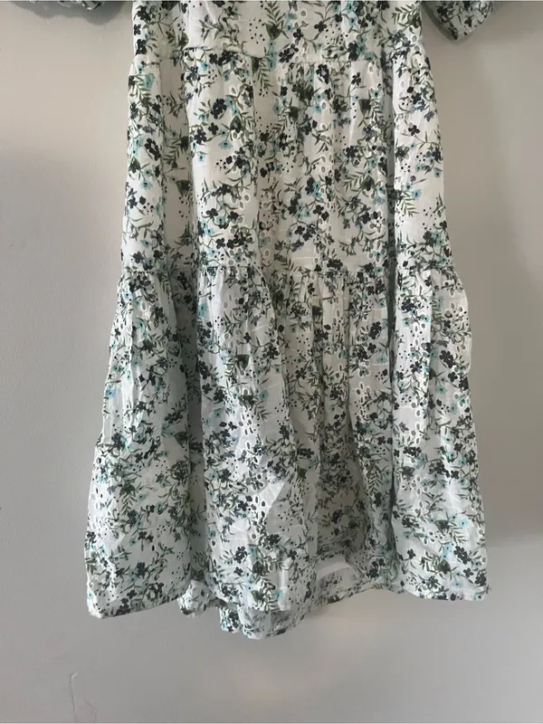 100% Cotton Green White Floral Puff Sleeve Mini Dress Small Cottagecore Romantic - Image 3