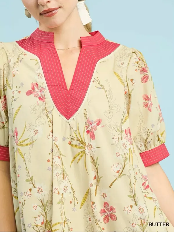 New!Umgee Plus Size Cotton Lined Butter Floral Puff Sleeve Dress Pink Size 2X - Image 4
