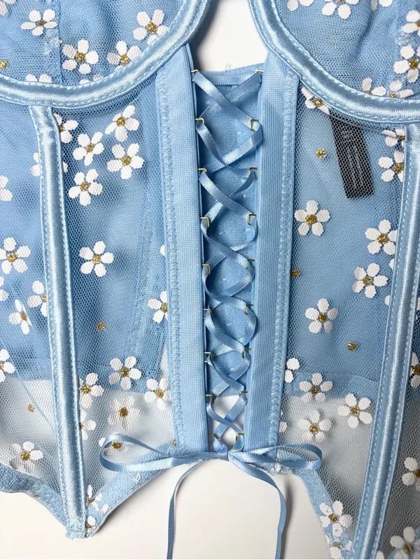 Lace Fairycore Romantic Corset Bustier Cami Top Size Small Blue Daisy Floral - Image 5