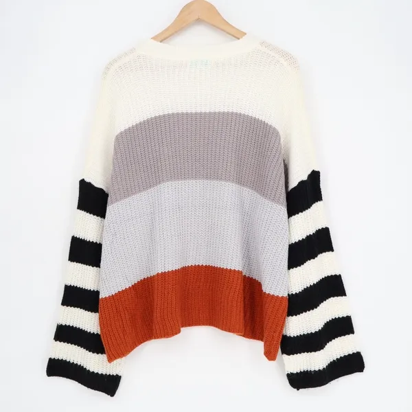 Shop the Mint Sweater Women Large Multi Striped Shaker-Stitch Knit Drop Shoulder - Image 5