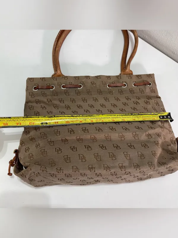 Y2K Dooney & Bourke Tote Bag Brown Monogram Canvas Leather Tassel Academia - Image 6