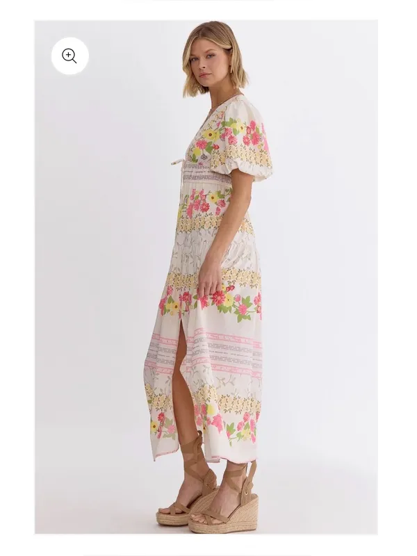 New Without Tags Entro Floral V-Neck Puff Sleeve Maxi Dress Sz S - Image 2