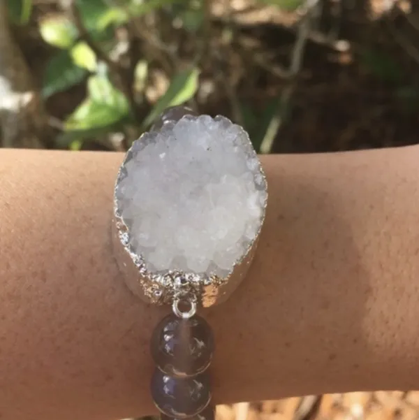 White Agate Druzy Stone Stretch Bracelet - Image 2