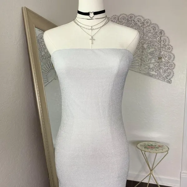 NWT Luvalot Silver Glitter Strapless Bandeau Tight Bodycon Midi Formal Dress S - Image 2