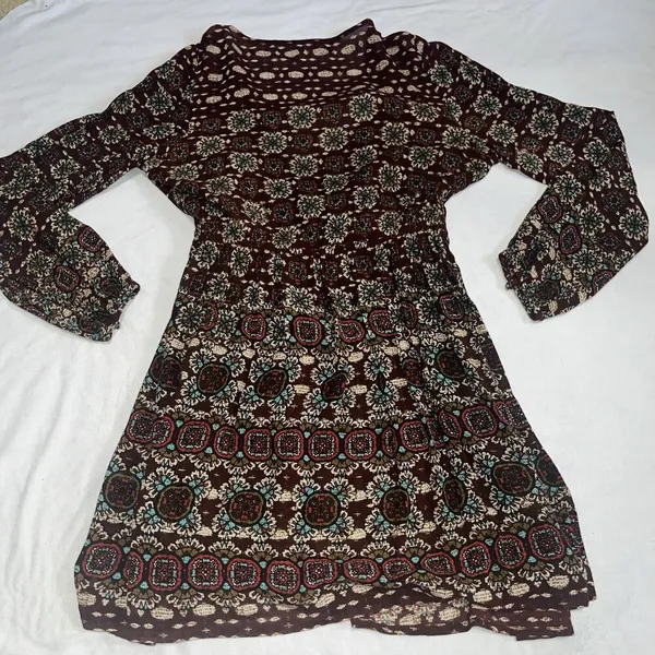 Patrons Of Peace M Medium Tulip Wrap Printed Boho Long Sleeve Dress - Image 11