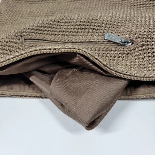 Vintage Sak Crochet Shoulder Bag 10" Dark Tan Nylon Ladies Handbag Pockets - Image 16