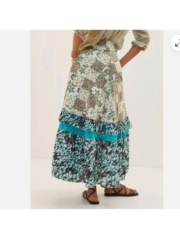 Anthropologie Raga Floral Patchwork Cotton Boho Earth Tones Maxi Skirt M $185 - Image 4