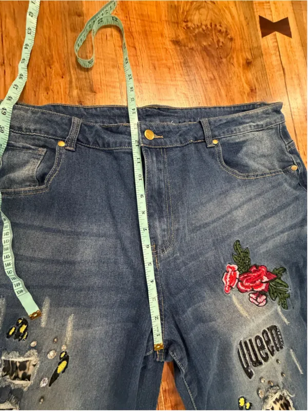 K Jordan 2pc Denim Set Plus Sz 3X Jacket 24W Jeans Leopard Rose Distressed Queen - Image 13