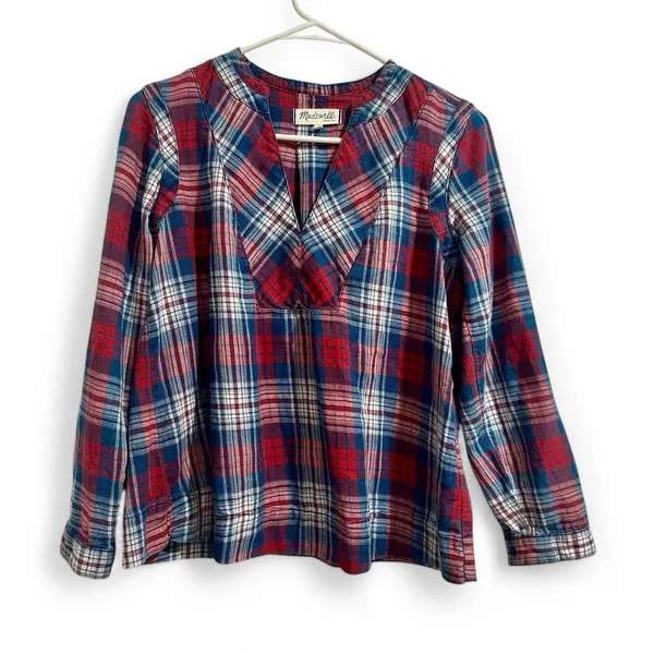 Madewell Red Blue Plaid V-Neck Popover Top Size Small Cottage‎ Cabin Fall - Image 5