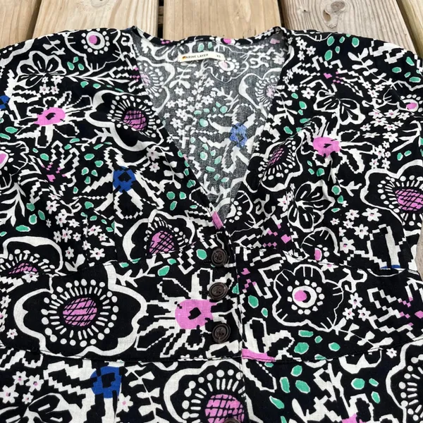 Marine Layer Dress Camila Mini V Neck Short Sleeve Black Floral Hemp Blend‎ XS - Image 3