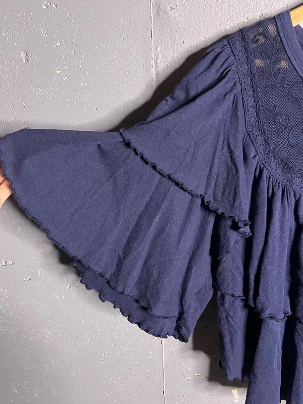 Free People Rose Party Tee Blouse Top Swingy Lace Embroidered Ruffle. Small - Image 7