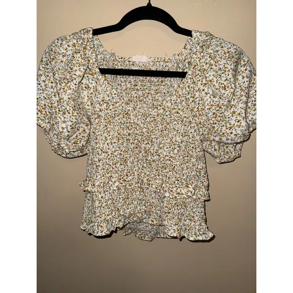 Altar'd State Ditsy Floral Smock Crop Off Shoulder Puff Sleeve Cream top L Boho‎ - Image 6