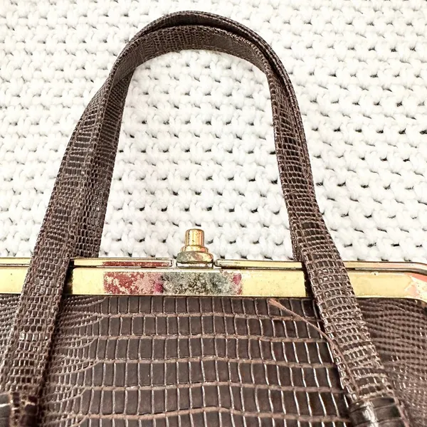After Five Brown Reptile Textured Leather Framed Small Evening Bag Vintage - Image 3
