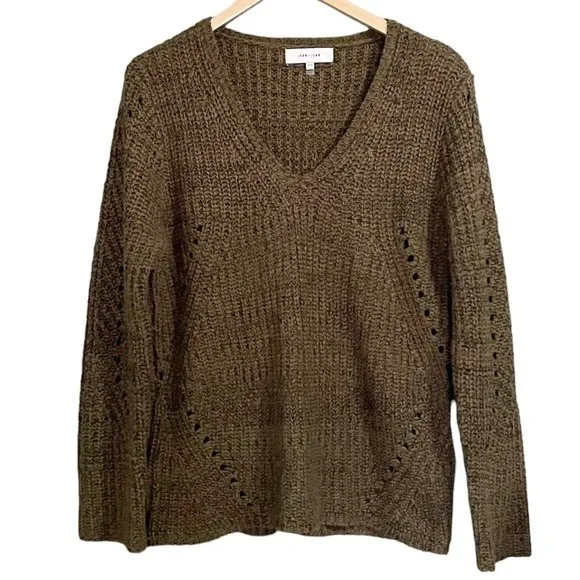 John + Jenn Constance Sweater M Olive Green V Neck Open Knit Oversized Revolve - Image 2