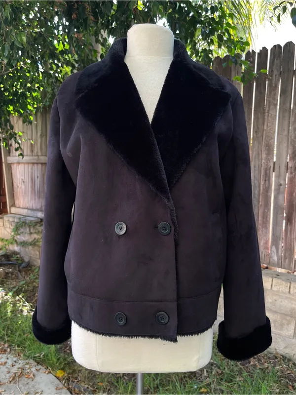 Lauren Black Label Double-Breasted faux suede faux fur coat Jacket minimalist L - Image 2