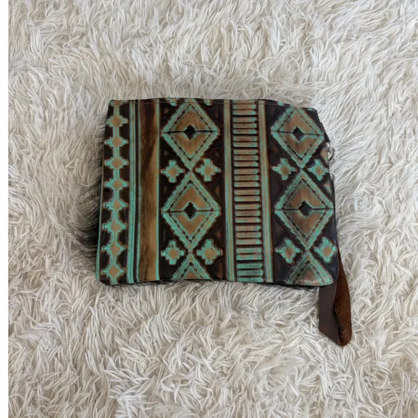 Tooled Navajo Leather & Hair on Hide Wristlet Pouch Clutch Aztec Southwestern‎ - Image 3